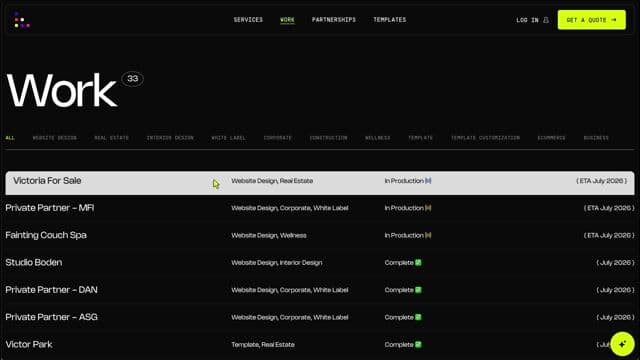 Filterable tabular list with staggered row transitions on rocketweblabs.com