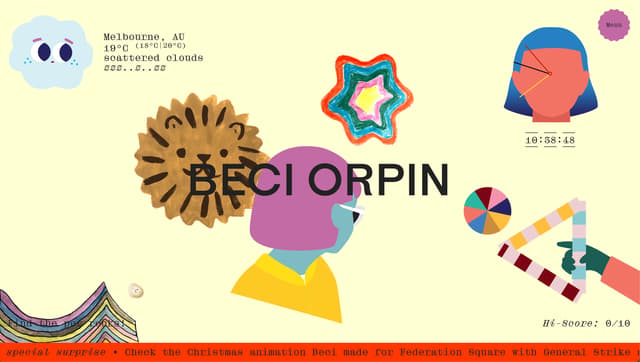 Scattered collage hero with hand-drawn illustrations and interactive widgets on beciorpin.com