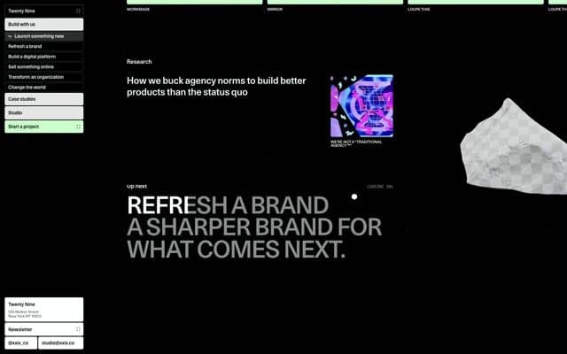 Up next title that fills letter by letter and becomes the next page on xxix.co