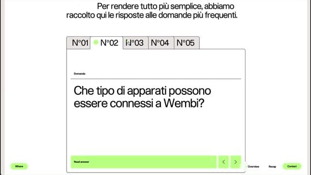 Tabbed FAQ with vertical slide-up answer panel on wembi.ai