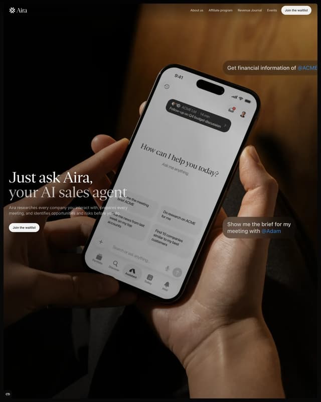 Hero to product showcase flow on aira.app