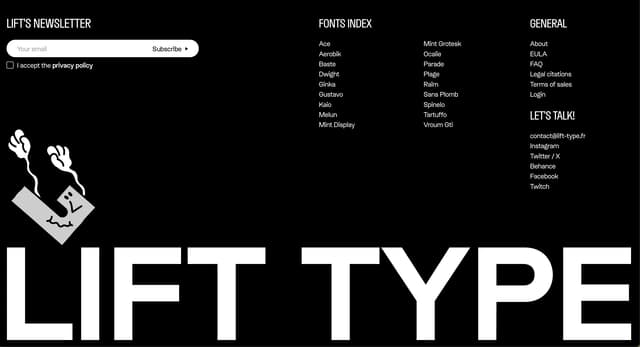 High-contrast footer with oversized brand typography and character illustration on lift-type.fr