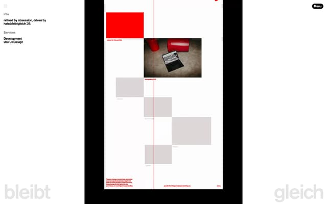 Case study with red axis and brutalist grid on bleibtgleich.dev