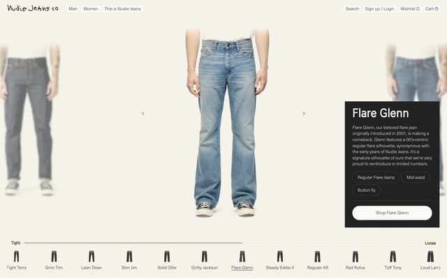 Carousel PLP with Fit Scale Nav on nudiejeans.com