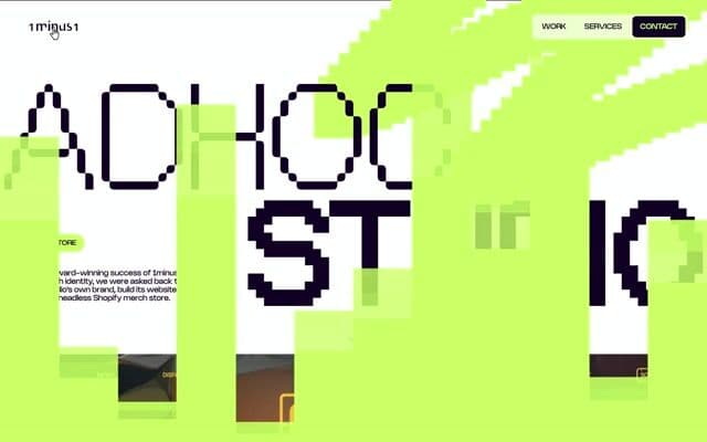 Pixel column page transition in neon green on 1minus1.com