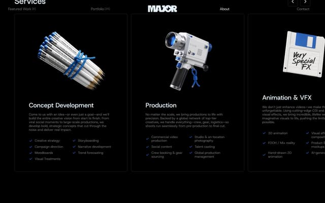 3D Object Services Cards on Dark Grid on thiswasmajor.com