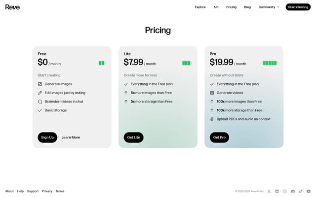 Reve Pricing Tiers on app.reve.com