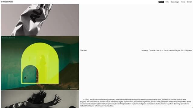 Split-screen layout with fixed contextual sidebar on stagecrew.studio