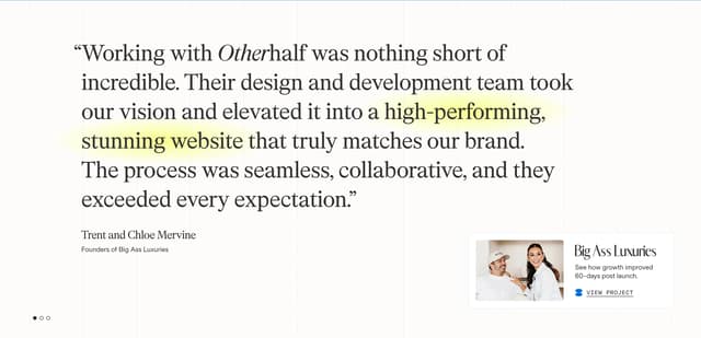 Large-scale serif testimonial with grid overlay and floating case study card on otherhalf.studio