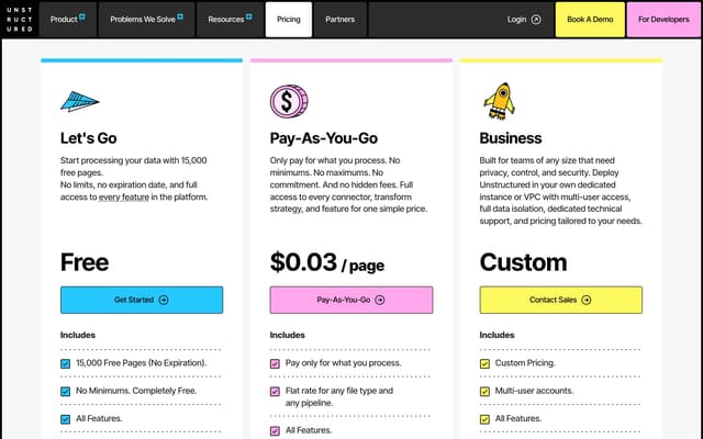 Three-Tier Pricing Cards on unstructured.io