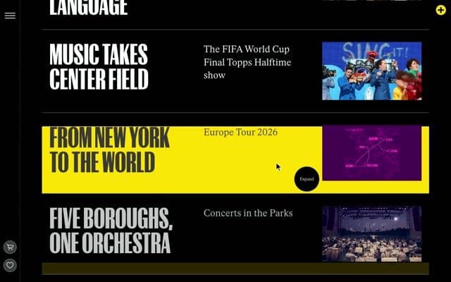 Accordion list with yellow hover fill and a Flip expand into video on nyphil.org