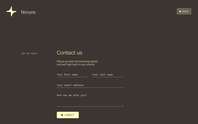Dark Theme Contact Form on novyra.ai