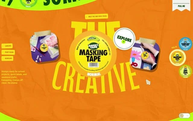 Product switcher: 3D tape roll spins, cards flip, colour floods on sweet-tape.com