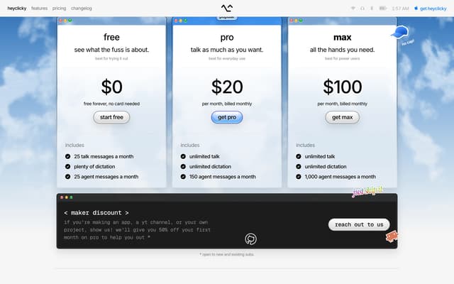 macOS window-style pricing cards with sky gradient on heyclicky.com