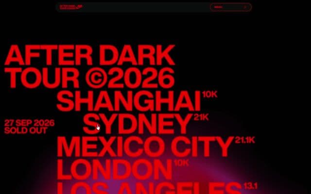 City name glides from a big type list into the event page header on afterdarktour.nike.com