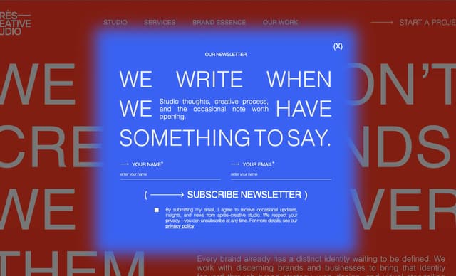 Glow-effect modal with integrated typography on apres-creativestudio.com