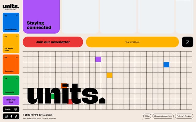 Brutalist Footer with Pixel Grid on units.gr