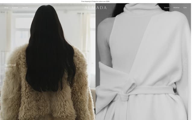 Split-screen hero with editorial photography on almadalabel.com
