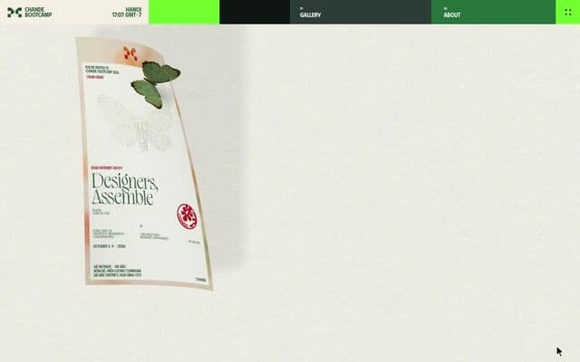 Posters fly in and stack into a collage on scroll, then rings bloom on chandebootcamp.com