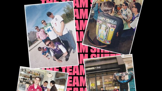 Overlapping photo collage with repeating background typography on nofootballcolors.com