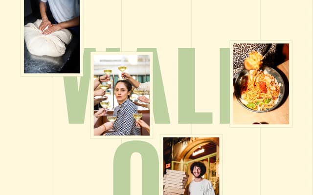 Photo collage wall with stamped type grid on triplettapizza.com