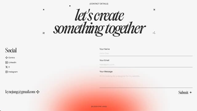 Minimalist contact form with high-contrast serif typography and radial glow on kynejang.com