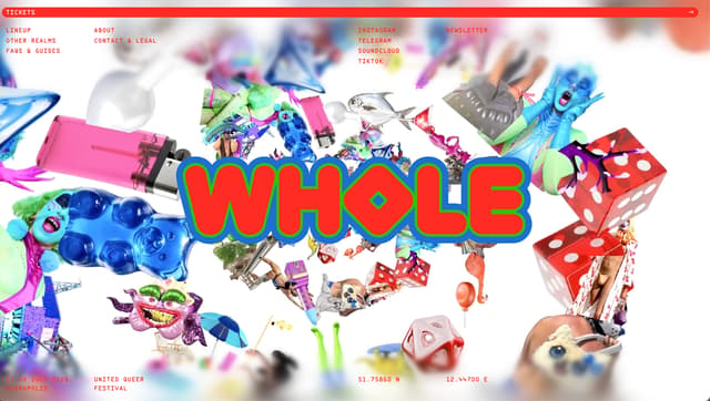 Maximalist hero with 3D collage and bubble typography on wholefestival.com