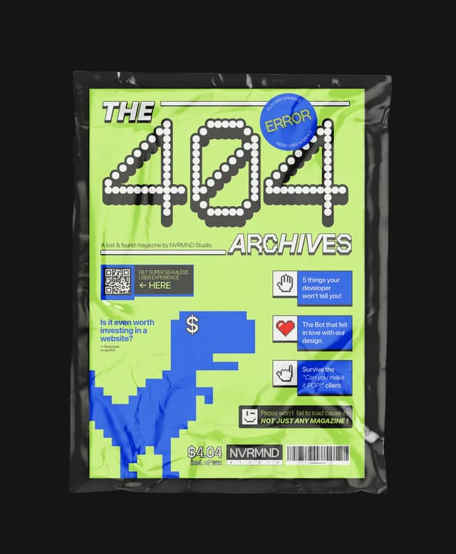 404 error page with magazine cover layout and plastic wrap texture on nvrmndstudio.com