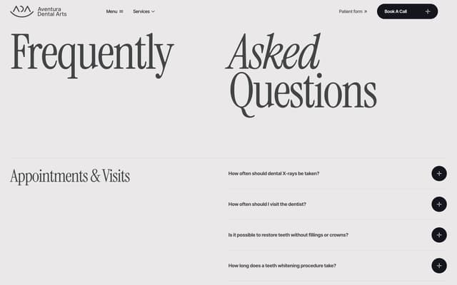 Staggered FAQ Layout on aventuradentalarts.com