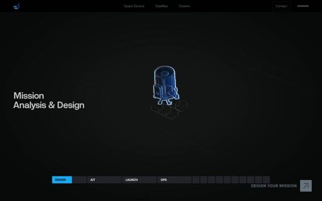 Scroll-built satellite in blue wireframe that assembles stage by stage and slides into a launch fairing on endurosat.com