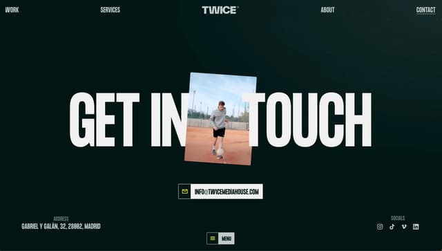 Centered CTA with layered typography and media mask on twicemediahouse.com