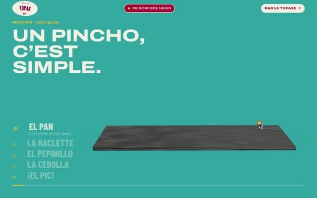 Pinned scroll section where a 3D pincho builds itself layer by layer on bar-topas.ch