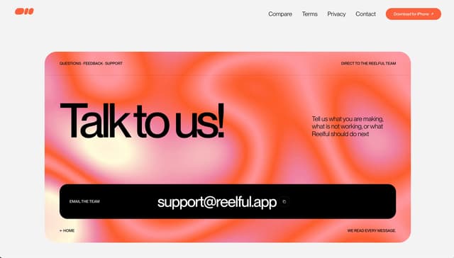 Contact hero with mesh gradient and oversized type on reelful.app