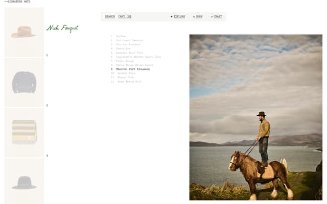 Indexed product list with editorial hero on nickfouquet.com