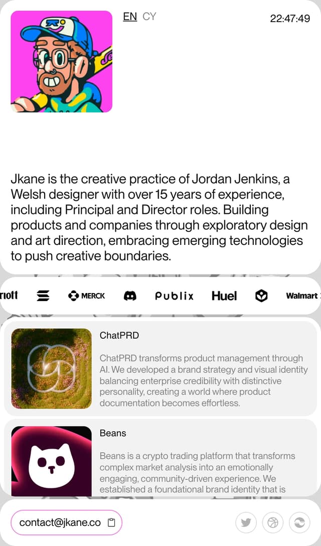 Info sidebar with project cards on jkane.co