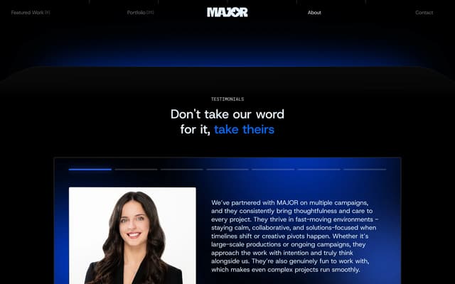 Glowing Testimonials Card Carousel on thiswasmajor.com