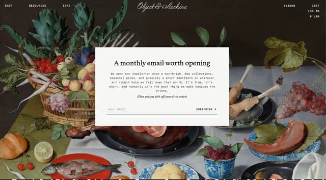 Centered newsletter modal over classical still-life on objectandarchive.com