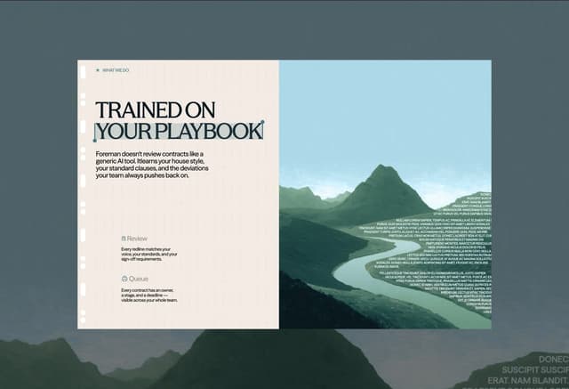 Split-screen features section with binder aesthetic and topographic text masking on x.com