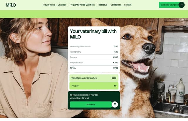 Hero section with overlay value-proposition card on milopet.com
