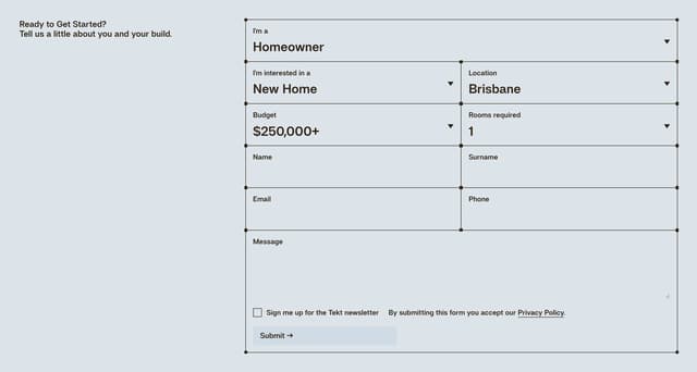 Wireframe contact form on steel blue on tekt.com.au
