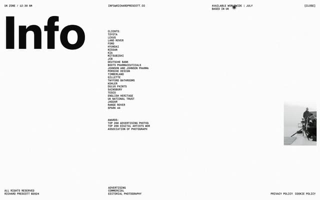 Brutalist Info Overlay with Client List on richardprescott.com