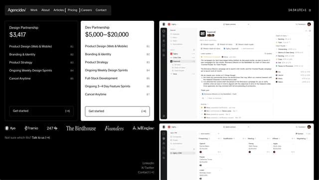 Dual-card pricing with high-contrast themes and dashboard preview on agencidev.com