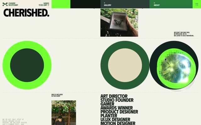 Glass bubble cursor reveals photos and creatures inside circles on chandebootcamp.com