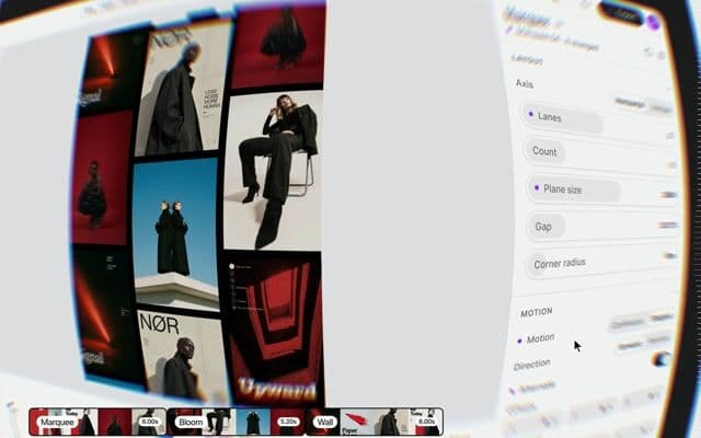 Editor preview that swells through a lens and cycles distortion effects on scroll on premotio.com