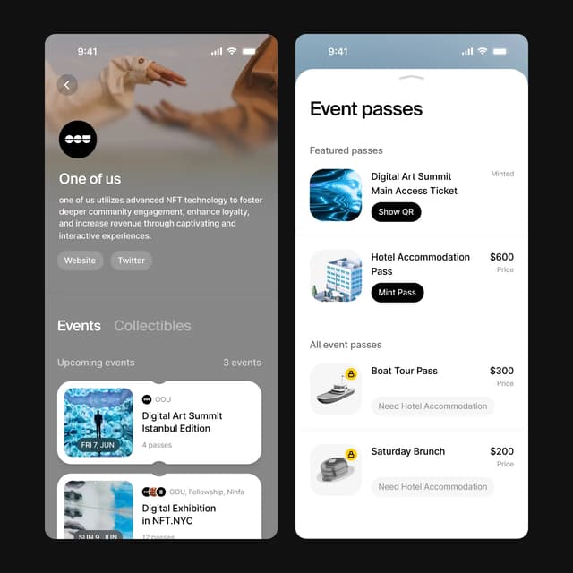Mobile event profile and pass listing with notched card UI on bakers.studio