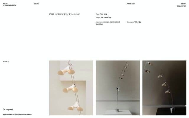 Product photo viewer where images lift out of a row and the next one rolls up like paper on bulbs.simondupety.com