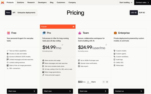 Pricing Cards with Stepper Interaction on mistral.ai