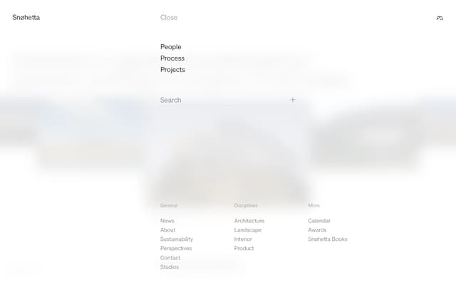 Frosted Glass Menu Overlay on snohetta.com