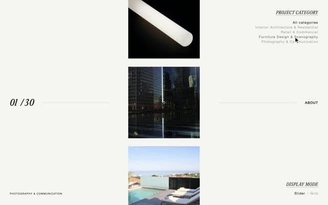 Category filter that zooms the slider out to a strip, reshuffles it and zooms back in on mathildedechiara.com