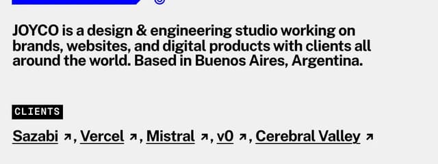 Bio and client list with boxed label on joyco.studio